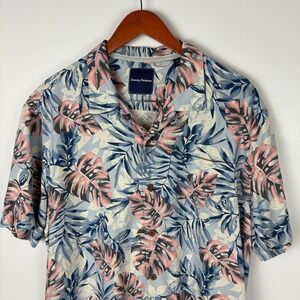 Tommy Bahama Silk Button Up Shirt, Pink Blue Palm Leaf Tropical Hawaiian XL‎